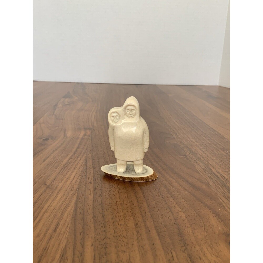 Vintage Regional Carving James Colbourne Crow Mother & Child Figure Bone Antler